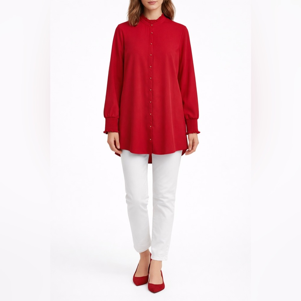 Soft Surroundings Stunning Red Long Sleeve Gold Beaded Button Up Blouse Size L